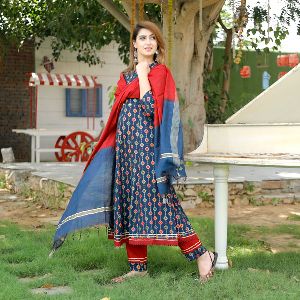 Rayon 3pc Blue Suit with Pant and Bhagalpuri Dupatta