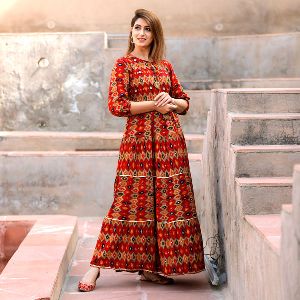 Rayon Ikat Print Tiered Gown