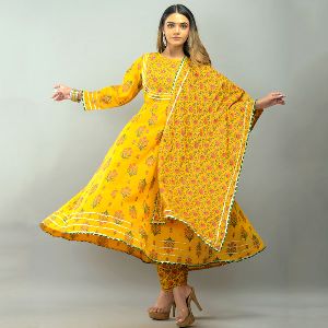 Yellow Floral Anarkali with Pant and Dupatta