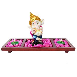Dancing Dhol Playing Ganesha Décor On Wooden Tray