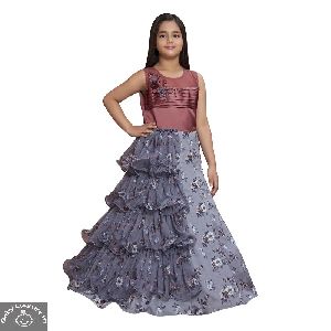 Girls Grey Frilled Floral Party Gown