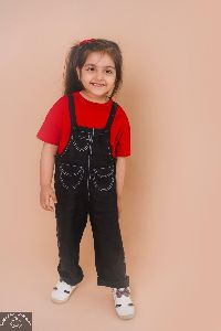 Girls Red Tee with Black Linen Dungaree