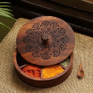 Wooden Round Spice Box