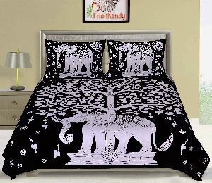 BLACK ELEPHANT TREE PRINT COTTON DOUBLE BED SHEET WITH 2 PILLOW COVERS