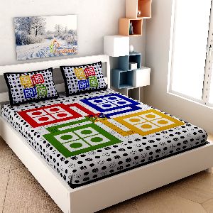 BLACK LUDO PRINT COTTON DOUBLE BED SHEET WITH 2 PILLOW COVERS
