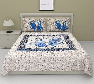 BLUE DANDIYA PRINT COTTON DOUBLE BED SHEET WITH 2 PILLOW COVERS