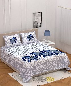 BLUE ELEPHANT PRINT COTTON DOUBLE BED SHEET WITH 2 PILLOW COVERS