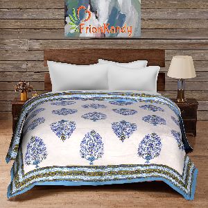 Blue Machine Quilted Reversible Block Print Floral Motifs Comforter/Quilt/Rajai/AC Blanket