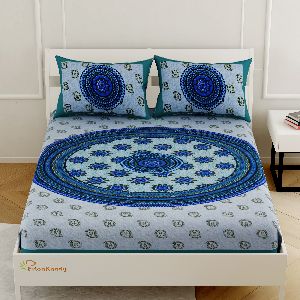 BLUE PAISLEY PRINT COTTON QUEEN SIZE BED SHEET WITH 2 PILLOW COVERS