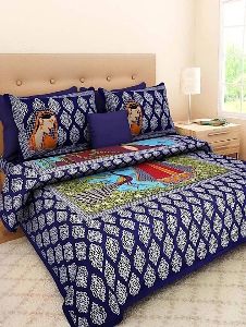 BLUE QUEEN WITH PEACOCK COTTON DOUBLE BED SHEET WITH 2 PILLOW
