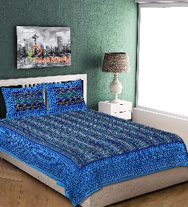 DARK BLUE KANTHA HAND WORK COTTON DOUBLE BED SHEET WITH 2 PILLOW COVERS