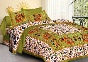 GREEN JASMINE PRINT COTTON DOUBLE BED SHEET WITH 2 PILLOW COVERS