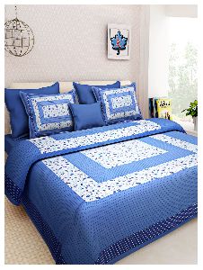 Jaipuri blue Flower Print Cotton 2 Pillow Covers Double Bed Sheet