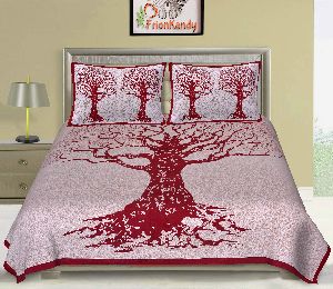 MAROON DRY TREE PRINT COTTON DOUBLE BED SHEET WITH 2 PILLOW COVERS