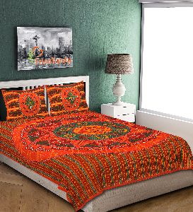 ORANGE KANTHA HAND WORK COTTON DOUBLE BED SHEET WITH 2 PILLOW COVERS