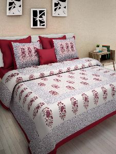 RED BUTA PRINT COTTON DOUBLE BED SHEET WITH 2 PILLOW COVERS