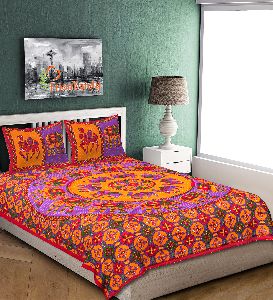 RED KANTHA HAND WORK COTTON DOUBLE BED SHEET WITH 2 PILLOW COVERS