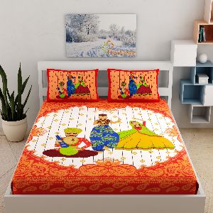 RED PUPPET PRINT COTTON DOUBLE BED SHEET WITH 2 PILLOW COVERS