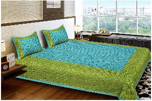 TURQUOISE BUTA PRINT COTTON DOUBLE BED SHEET WITH 2 PILLOW COVERS