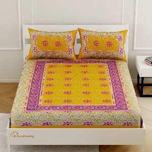 YELLOW FLORAL PRINT COTTON QUEEN SIZE BED SHEET WITH 2 PILLOW COVERS