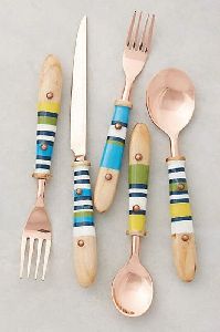 Rose Gold Stainless Steel Flatware Set with Colorful Wooden Handle