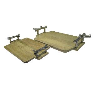 Wooden Rectangular Tray with Metal Handle