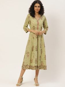 Green Cotton A-line Kurta