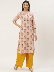 Pink and Green Printed Straight Kurta