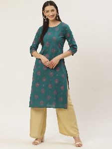 Teal Blue Cotton Straight Kurta