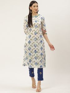 Womens Cotton Floral Printed Boat Neck Ethnic Set