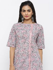 Women’s Printed A-Line Kurta with Mirror Work