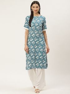 Womens Rayon Printed Boat Neck with Potli Button Ethnic Set