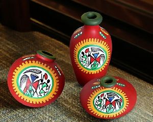 Warli Painted Clay Home Decoration Pots set of 3