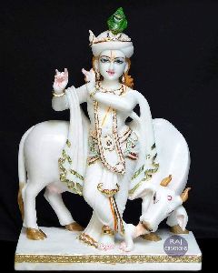 Marble Krishna Statue with Cow