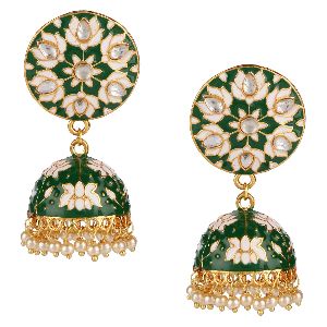 Indian Bollywood 14K Gold Plated Traditional Wedding Green Jhumka Jhumki Earrings Jewelry Set