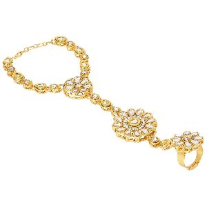 Indian Bollywood Crystal Kundan Finger Ring Link Chain Wedding Bridal Bracelet Hand Slave Jewelry