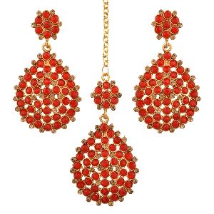Indian Bollywood Crystal Maang Tikka Earrings Set Head Chain Dangle Jhumka Earrings Jewelry Set