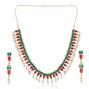 Indian Bollywood Gold Plated Multi Crystal Faux Pearl Choker Necklace Dangle Earring Jewellery
