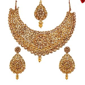 Indian Bollywood Traditional Gold Plated Crystal Bridal Choker Necklace Earrings Maangtikka Jewelry