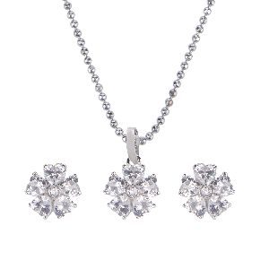 Indian Crystal Silver Tone Cubic Zirconia Pendant Chain Necklace Earrings Jewelry Set for Women