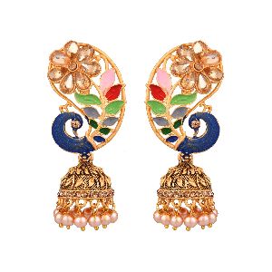 bollywood faux kundan peacock dangle jhumka earrings set