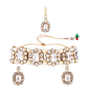 wedding crystal maang tikka earrings necklace set