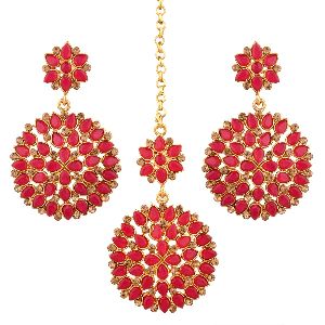 Indian Maang Tikka Earrings Set Bollywood Crystal Head Chain Dangle Jhumka Earrings Jewelry Set
