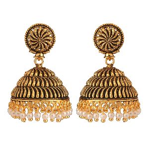 Indian Oxidized Boho Vintage Antique Ethnic Gypsy Tribal Gold Pearl Tassel Jhumka Dangle Earrings