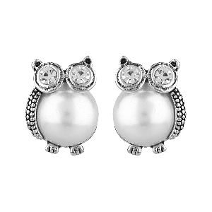 Indian Oxidized Jewelry Boho Vintage Tribal Silver Tone Faux Pearl Owl Stud Statement Earrings Set