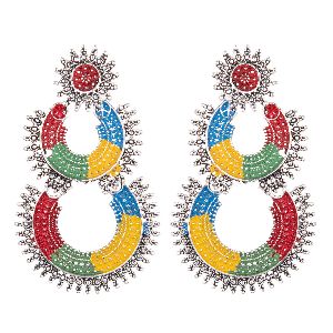 Indian Oxidized Silver Boho Vintage Antique Enamel Floral Chandbali Big Dangle Earrings Set Jewelry
