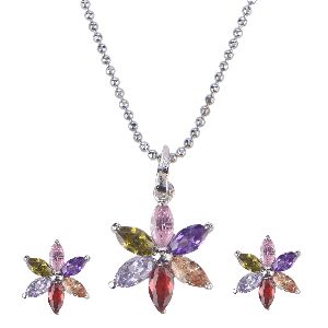 Indian Silver Tone Crystal CZ Flower Pendant Chain Necklace Earrings Jewelry Set for Women