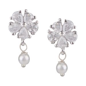 Indian Silver Tone Cubic Zirconia Floral Pearl Drop Stud Earrings Jewelry for Women