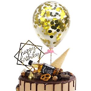 HIPPITY HOP GOLD CONFETTI BALLOON CAKE TOPPER (5 INCH ) WITH 1 STICK, 1 TAPE FOR CAKE DECORATION