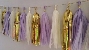 HIPPITY HOP TISSUE PAPER GARLAND POM POM TASSELS ( PURPLE GOLD AND PINK ) PACK OF 1 FOR DECORATION